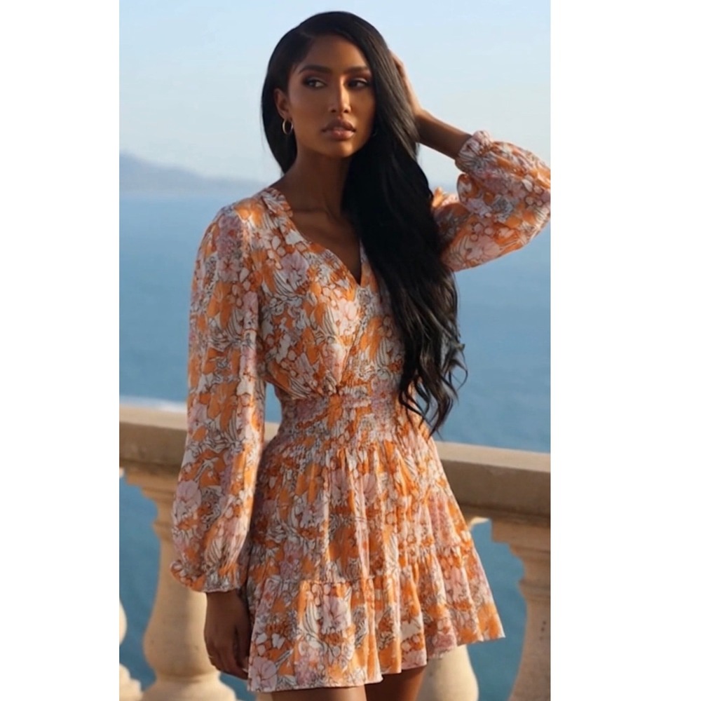 Ryegrass Womens Floral Dress XL Long Sleeve Tiered Orange Derby‎ Boho Fairy